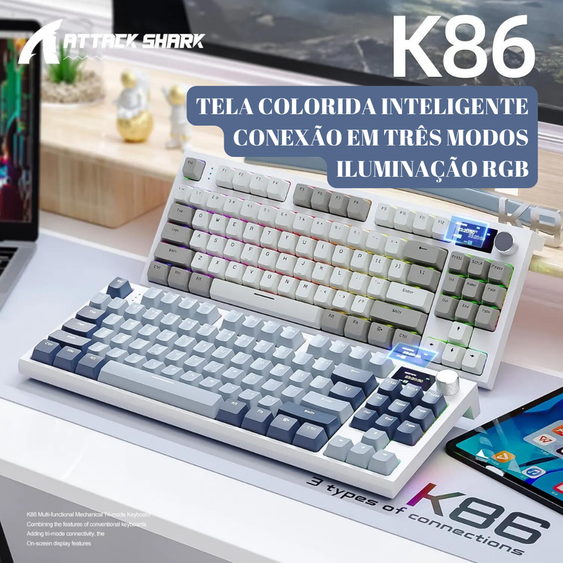 Teclado Mecânico Sem Fio K86 Bluetooth/2.4G com Tela de Exibição e Botão Rotativo de Volume para Jogos e Trabalho.
